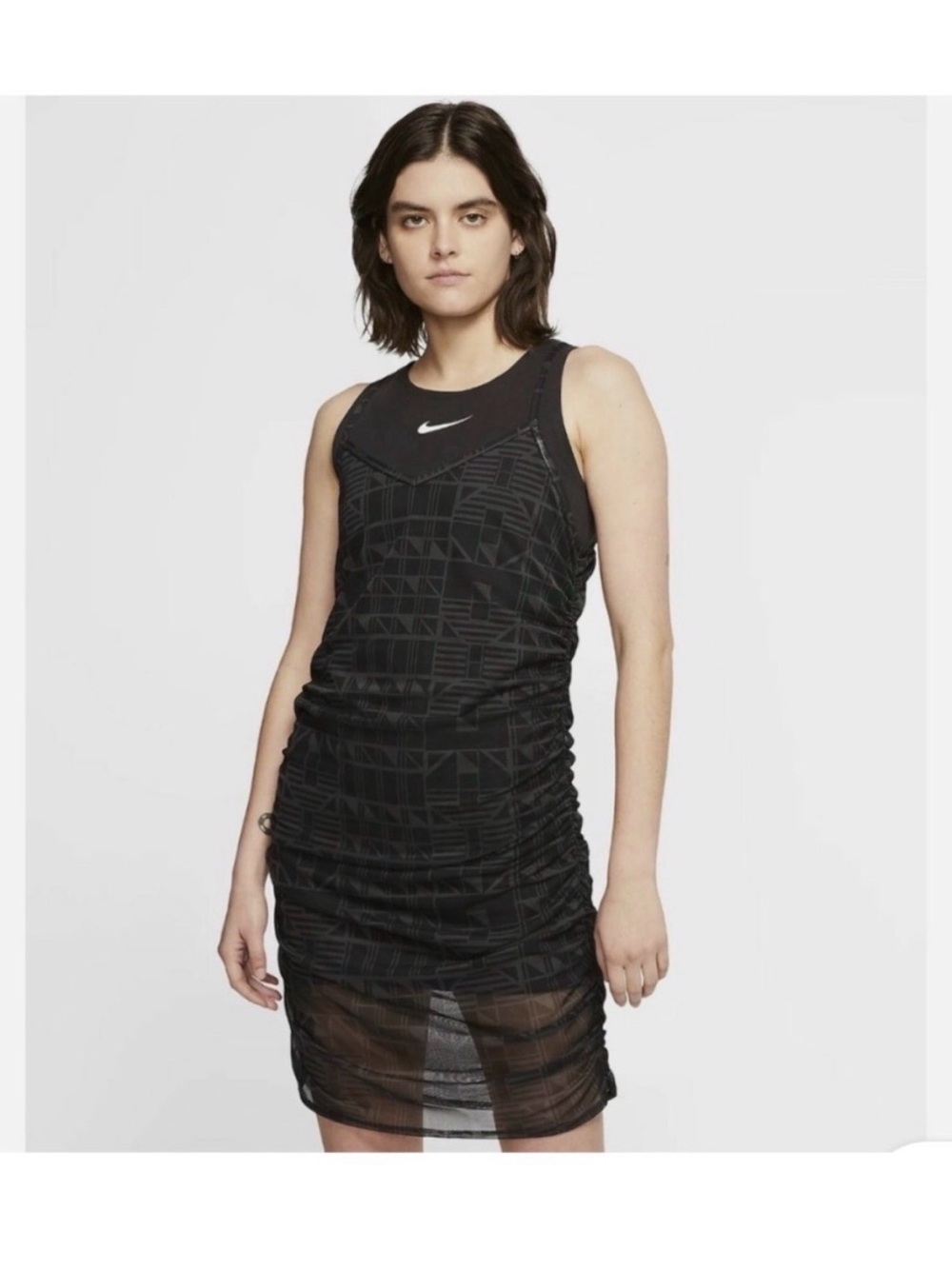 Nike Black Geometric Mesh Ruched Tank Dress